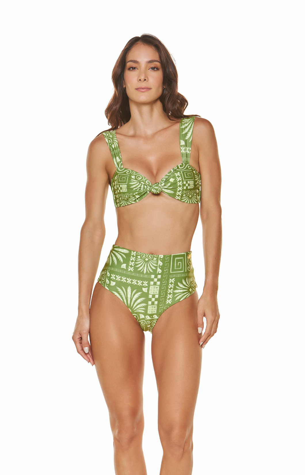 Top vestido de baño verde pistacho estampado con amarre decorativo Piha Beach