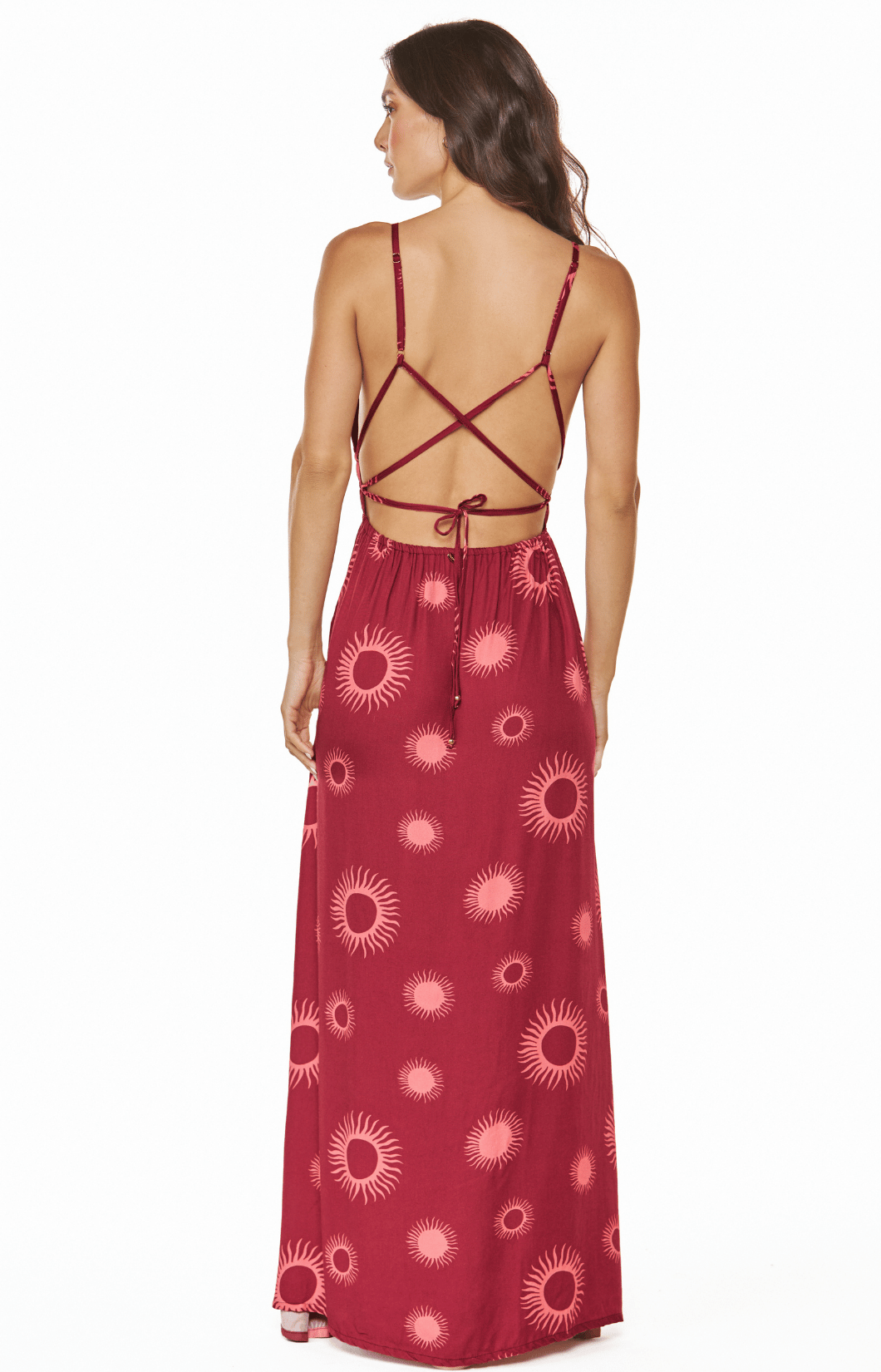 Vestido de playa largo vinotinto estampado soles con escote y tiras decorativas Ipanema