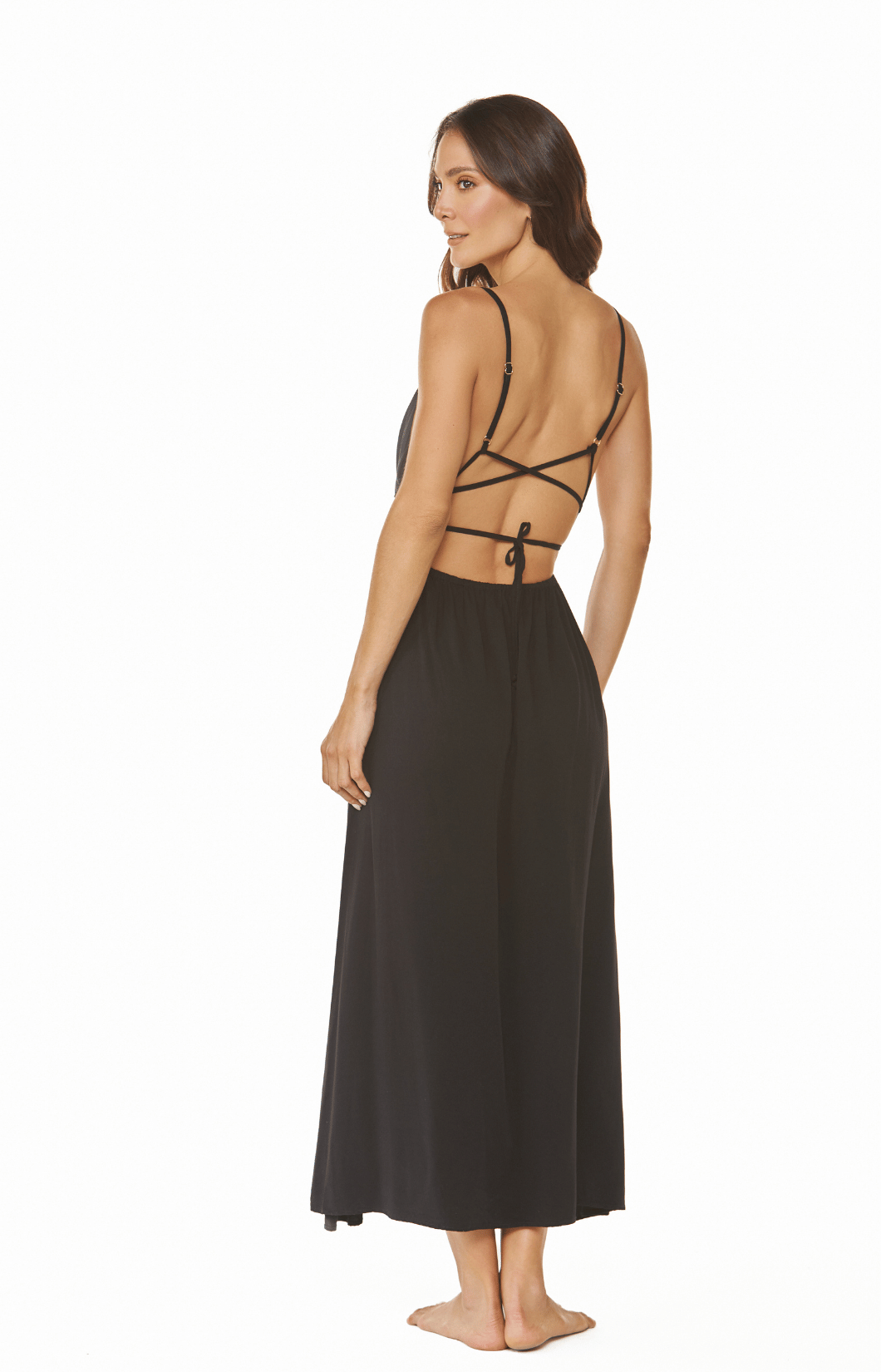 Vestido de playa largo negro con escote y tiras decotativas Marley