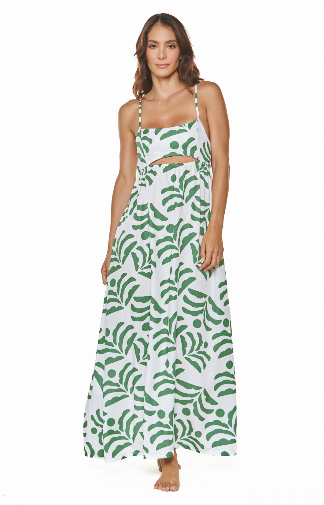 Vestido de palya largo verde estampado tela fresca con abertura decorativa Rosario