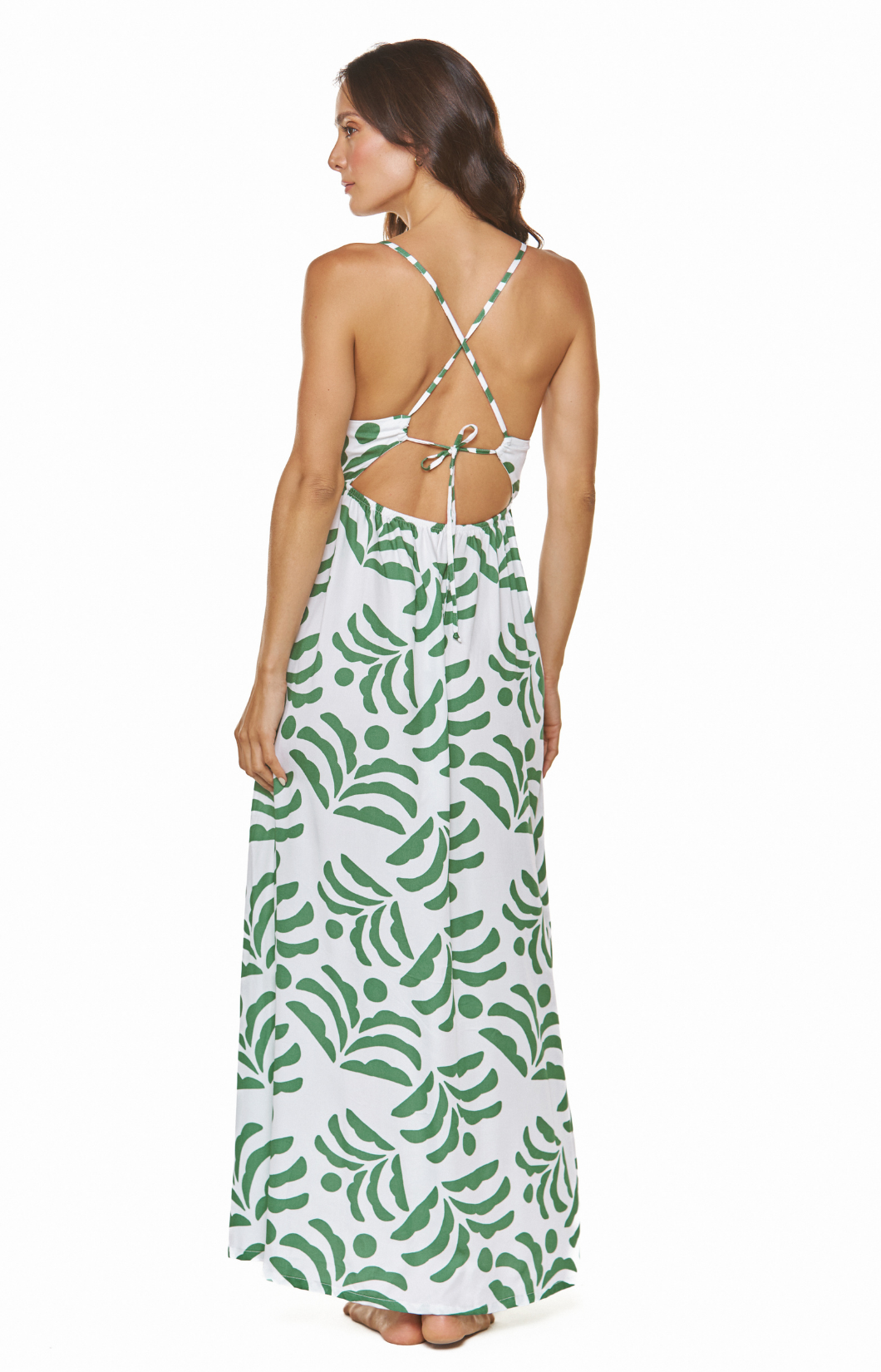 Vestido de palya largo verde estampado tela fresca con abertura decorativa Rosario