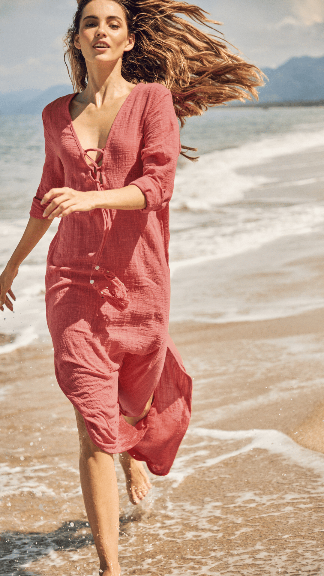 Vestido largo, palo de rosa, estilo kimono de tela fresca