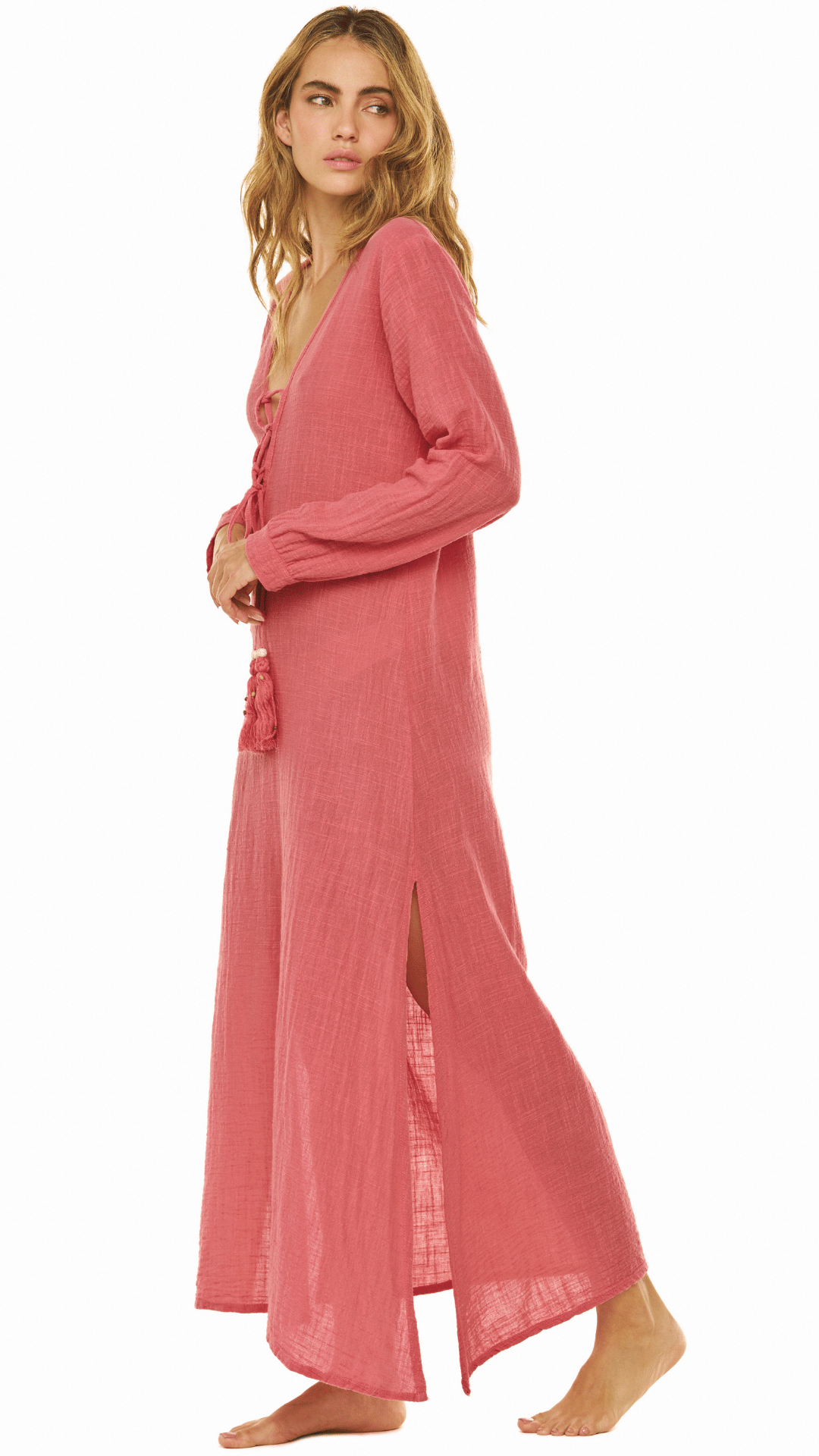 Vestido largo, palo de rosa, estilo kimono de tela fresca