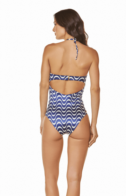 Vestido de baño entero azul estampado tipo strapless con tiras decorativas Maldivas