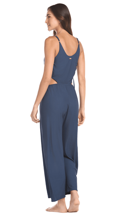 Salida de baño enterizo largo azul con escote en cintura y