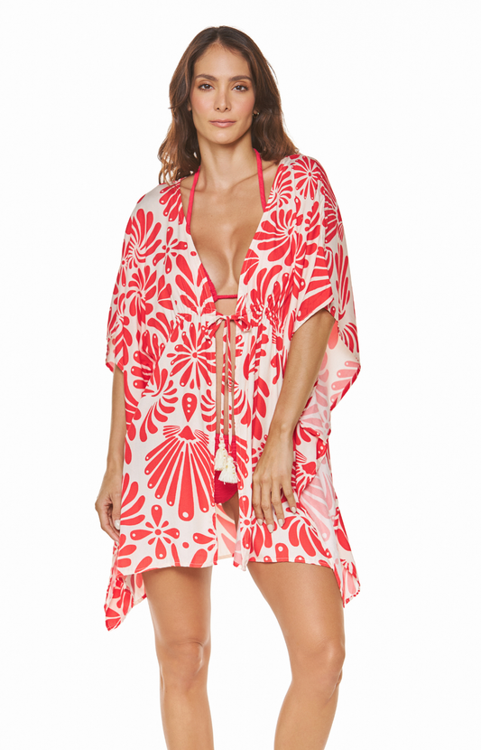 Salida de baño kimono corto rojo estampado conchas con amarre frontal Shoal Bay