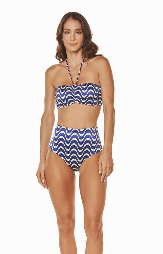 Top vestido de baño tipo strapless azul estampado con tiras decorativas Kauai