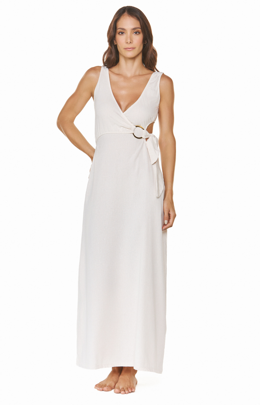 Vestido de playa largo blanco con abertura lateral en cintura y hebilla decorativa Aguadilla