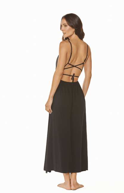 Vestido de playa largo negro con escote y tiras decotativas Marley
