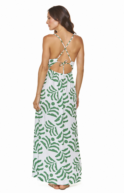 Vestido de palya largo verde estampado tela fresca con abertura decorativa Rosario