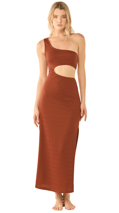 Vestido de playa largo terracota asimétrico con escote en cintura tela tipo rib Gasela