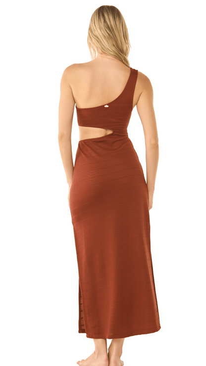 Vestido de playa largo terracota asimétrico con escote en cintura tela tipo rib Gasela